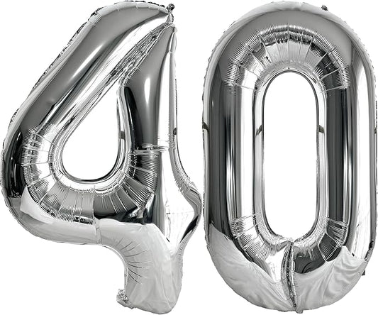 FIROMI 40 Number Balloons Silver Big Giant Jumbo Huge Foil Mylar 40 Balloon Numbers for 40th Birthday Party Anniversary Events Decorations 40-inches