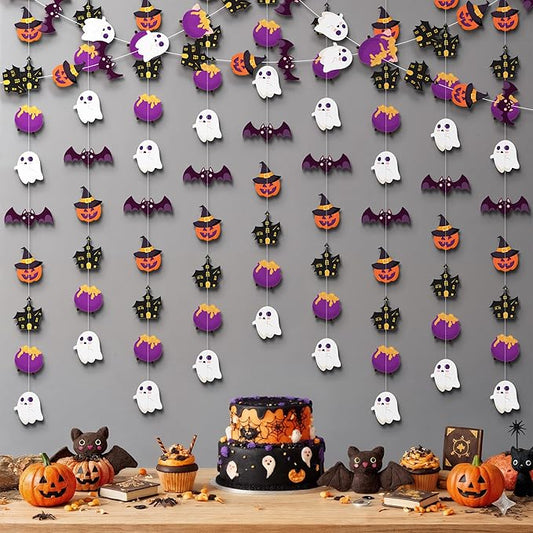 KatchOn, Multicolor Halloween Garland Backdrop - Huge Pack of 9 | Halloween Decorations with Ghosts, Pumpkins, Bats & Haunted Houses | Spooky Party Supplies Indoor and Outdoor, Photo Booth Backdrop