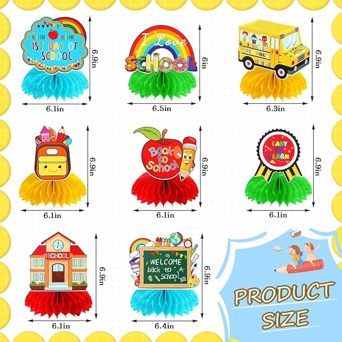 JULMELON Back To School Decorations Honeycomb Centerpiece, 8 PCS Welcome Back To School Supplies for Classroom First Day of School Table Toppers Decor for Kids and Teacher Party Favors