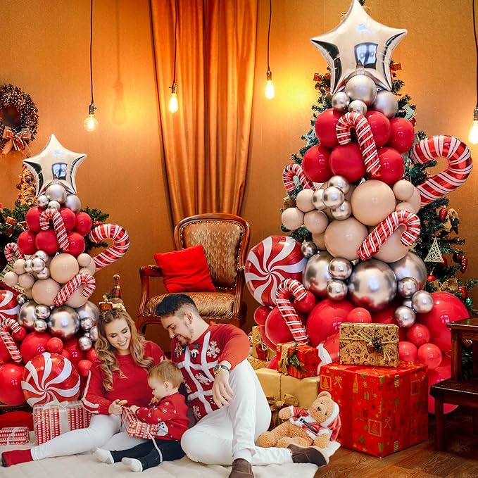 Christmas Balloon Arch Kit - Christmas Tree Garland Xmas Red Silver Beige and Candy Foil Silver Star Balloons for Christmas Party Decorations Birthday Party New Year Party