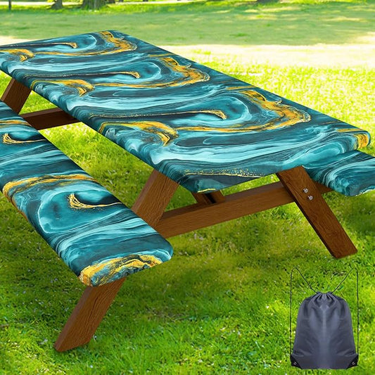Smiry Picnic Table Cover with Bench Covers, Waterproof Elastic Fitted Tablecloth for 8 Foot Tables, Washable Polyester Tablecloths for Camping, Indoor & Outdoor (Teal & Gold, 30x96 Inch 3-pc Set)