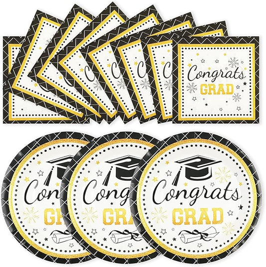 50PCS Graduation Plates Party Supplies, 7INCH Black and Gold Paper Plates and Napkins 2026 Graduations Party Decorations Disposable Tableware for College High School Congrats Grad Party Supplies