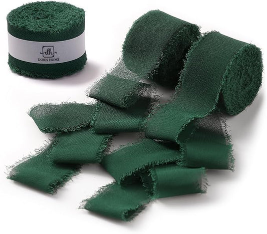 DORIS HOME Dark Green Chiffon Ribbon for Flower Bouquet, 1" x21Yd Fabric Ribbon for Gift Wrapping, Handmade Frayed Ribbon for Wedding Invitations/Christmas Decorations