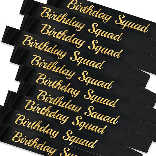 10 Pcs Birthday Squad Sash for Men or boys 16th, 18th 21st 30th 40th 50th 60th or Any Other Bday Party Supplies Decorations (Black+Gold)