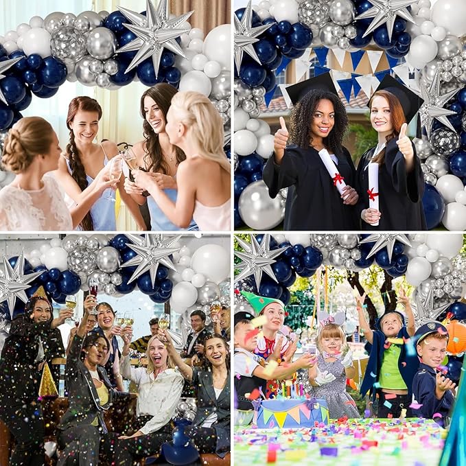 161pcs Navy Blue and Silver Balloon Garland Arch Kit with Blue White Silver Confetti Balloons, Star Foil Balloons, for Graduation New Year Anniversary Birthday Party Decorations