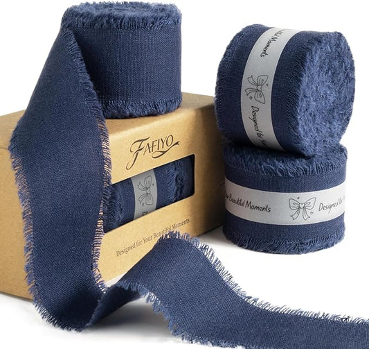 Navy Blue Cotton Ribbon 1-1/2 Inch Navy Blue 3 Rolls 21 Yards Frayed Edge Fabric Set for Formal Wedding Decor, Graduation Party, Gift Wrapping, Patriotic Party & Memorial Day
