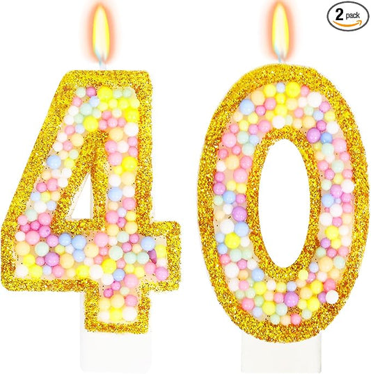 40th Birthday Candle for Cake, Colorful Macaron Numeral Candles for Women/Men, Birthday Party Cake Decorations, Golden Cake Topper for Birthday Party Supplies (Number 40)