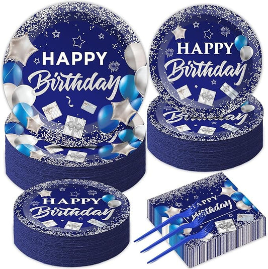 gisgfim 50 Guests Blue Birthday Party Supplies Navy Blue and Silver Plates and Napkins Plastic Forks Happy Birthday Tableware Paper Disposable Plates for Men Women Party 200PCS