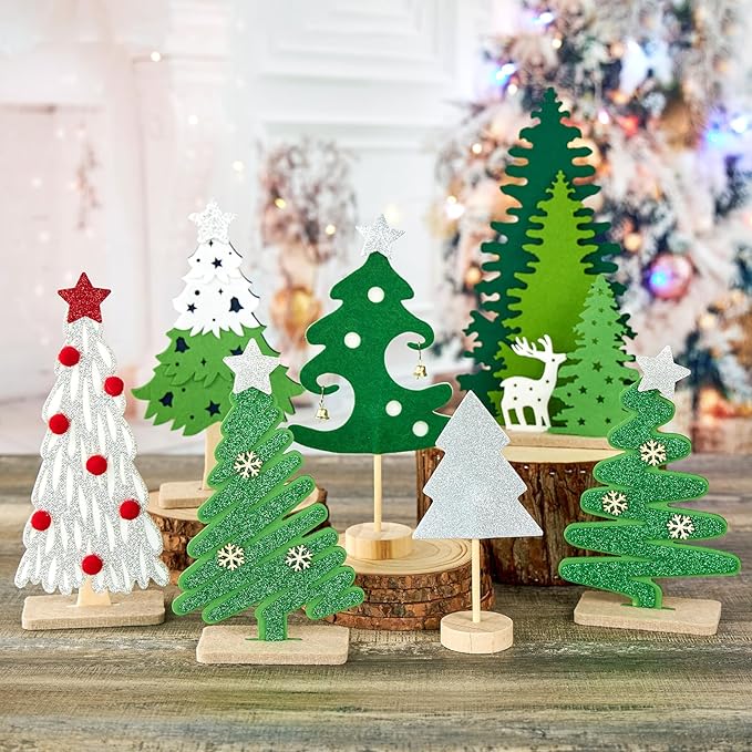 SUNBEAUTY Christmas Table Decorations 7PCS Mini Christmas Trees Felt Centerpieces for Table Decoration with Wooden Base Christmas Tabletop Home Holiday Xmas Party Decor