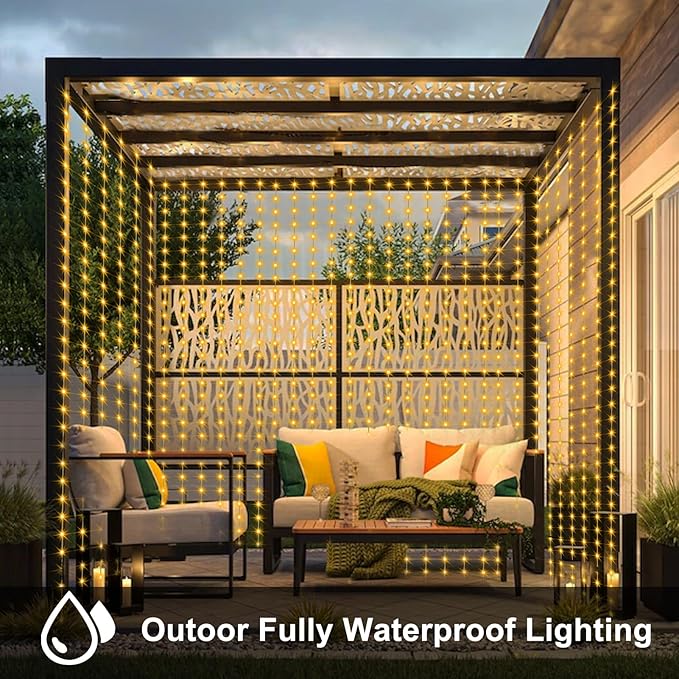 echosari Curtain Lights Battery Operated 200 LED Curtain Fairy Lights 6.6×6.6ft with Remote Timer Outdoor Wall Light Fully Waterproof for Wedding Backdrops Bedroom Decor (Warm White)