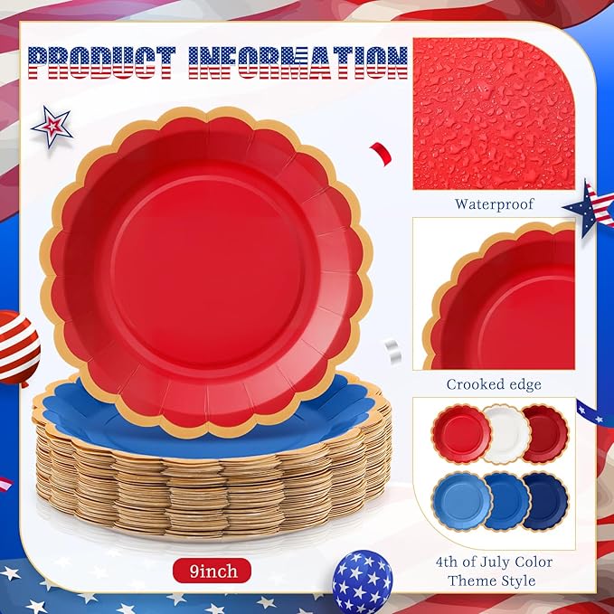 48 Pcs 4th of July Paper Plates 9 Inch red white and blue Scalloped Paper Disposable Dinner Dessert Plates for Birthday Wedding Bridal Party Supplies, 6 Colors