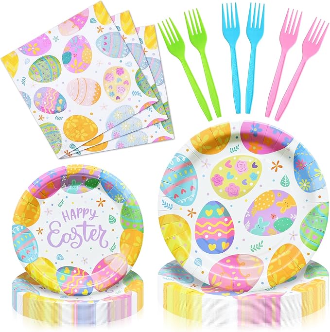 96 Pieces Easter Tableware Set Party Supplies - Happy Easter Colorful Eggs Pattern Disposable Paper Plates, Napkins, Forks Dinnerware for Spring Celebrations, Picnics, Serves 24 Guests