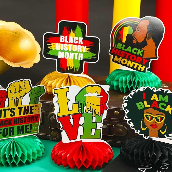 JULMELON 8PCS Black History Month Table Decorations, 3D Double Sided Black History Month Table Centerpieces, African American Honeycomb Office Decor for Party