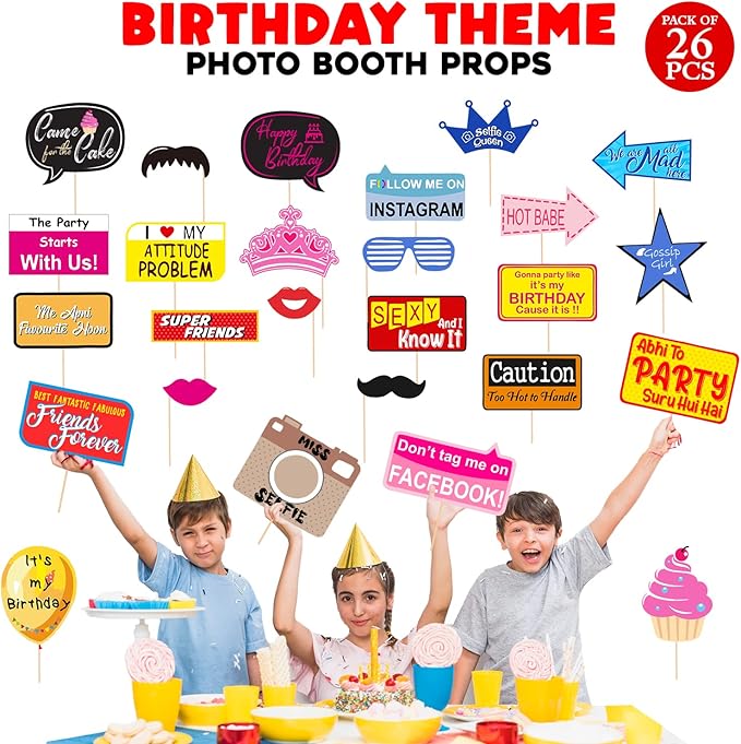Zyozique 26 Pcs Multi Colour Theme Photobooth Props for Birthday Girl or Boy/Photobooth,Birthdays Parties Items Decorations Supplies - Birthday Photo Booth Props - Cute & Funny Props