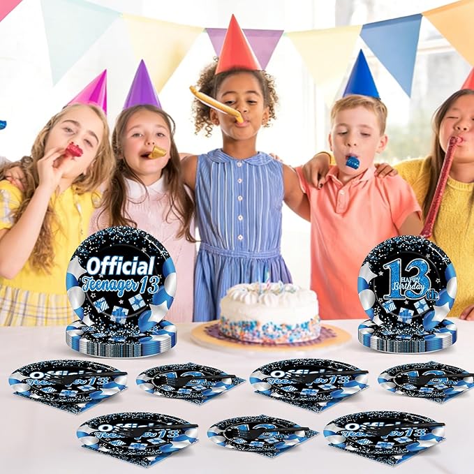 Qyeahkj 100 Pcs 13th Birthday Decorations for Boys Official Teen Supplies Plate Napkin Forks Set Disposable Blue 13th Birthday Tableware Paper Plates Dinnerware for Kids Teenager Favors Serve 25