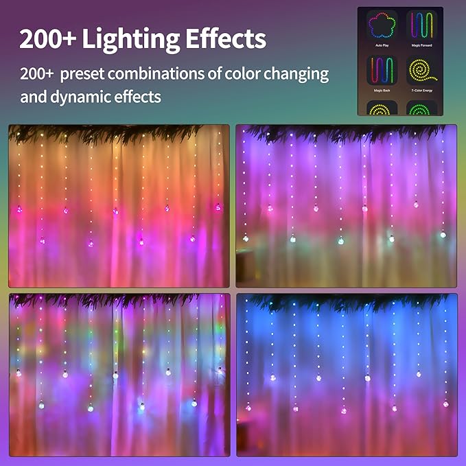 Color Changing Wishing Ball Curtain Lights, 9.8 x 3.3 FT RGB LED Fairy Light with Remote App Control, Music Sync Window Backdrop Wall Hanging Lights for Bedroom Party Halloween Christmas Decoration