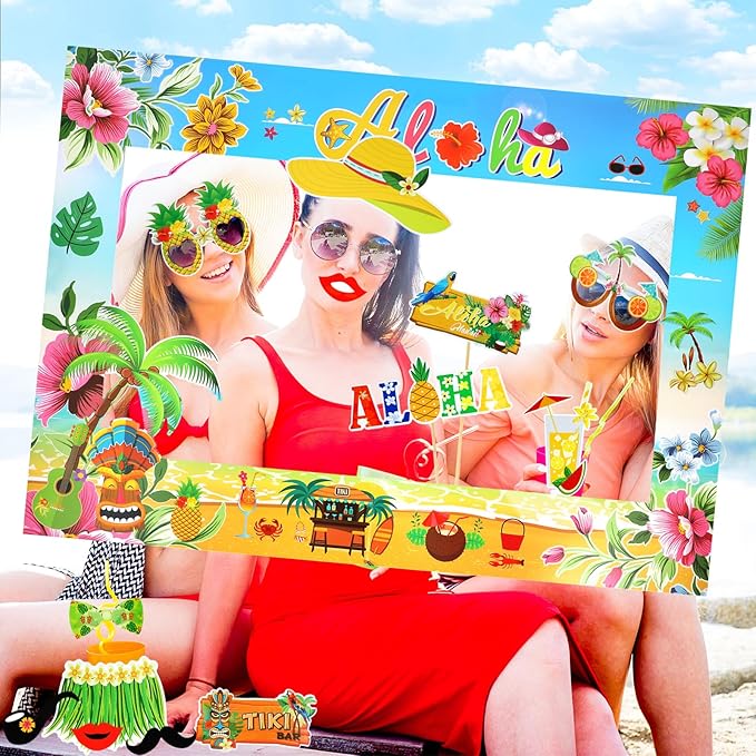 PHOGARY 13PCS Luau Photo Booth Props with 1PCS Hawaii Aloha Photo Frame Photo Props, Summer Photo Booth Props Kit for Hawaiian Tropical Luau Summer Pool Beach Birthday Party Decorations Supplies