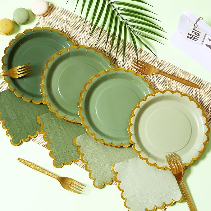 Green mix scalloped party plates with napkins and fork gold foil border, 24 Guest disposable Tableware Set Sage Green Party Decoration for Birthday Coquette Bridal Baby Shower Valentines