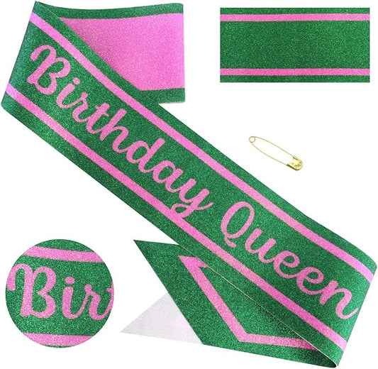 Pink Green Birthday Sash for Girls, Letter "Birthday Queen" Witch Themed Sash with Glitter Foil, Happy Funny Accessories for Party Favors Supplies