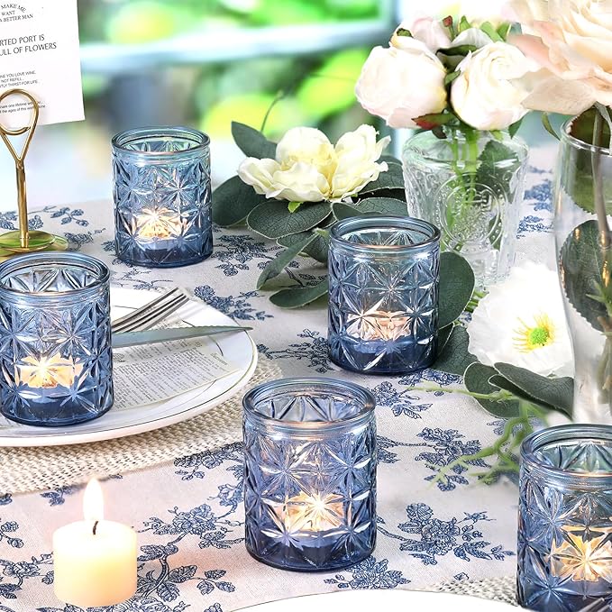 12 Pack Blue Votive Candle Holders, Vintage Blue Candle Holders, Tealight Candle Holder for Wedding Table Centerpieces, Bridal Shower, Home Decor, Birthday, Party Table Decor