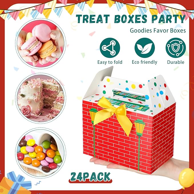 YooNotee 24 Pack Cartoon Themed Happy Birthday Party Gift Boxes Decorations Red Cartoon Candy Boxes with Bow Colorful Goodie Bags for Birthday Party Favors