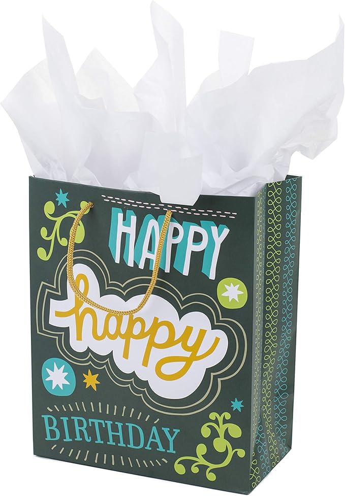 Hallmark 9" Medium Birthday Gift Bag with Tissue Paper and Mini Signs (Happy Happy Birthday, Green, Grey, Blue Hand lettering)