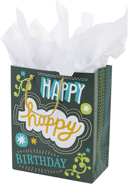 Hallmark 9" Medium Birthday Gift Bag with Tissue Paper and Mini Signs (Happy Happy Birthday, Green, Grey, Blue Hand lettering)