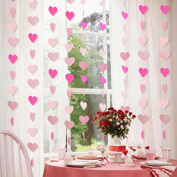40 Feet Hot Pink Birthday Banner Streamers Heart Valentines Day Garland Paper Banner Hanging Party Supplies, Special Hanging Party Wedding Bachelorette Engagement Baby Shower Decorations