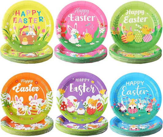Umigy 120 Pieces Happy Easter Paper Plates Bulk 7 Inch Bunny Eggs Disposable Easter Party Spring Holiday Dinnerware Decorative Flower Dinner Plates for Spring Party Supplies, 6 Styles