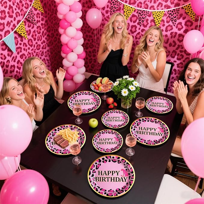 Grencian 96 Pcs Pink Leopard Birthday Party Supplies Cheetah Print Decorations Leopard Print Paper Plates Disposable Animal Jungle Safari Tableware Set for Girls Wild Birthday Cheetah Themed Party