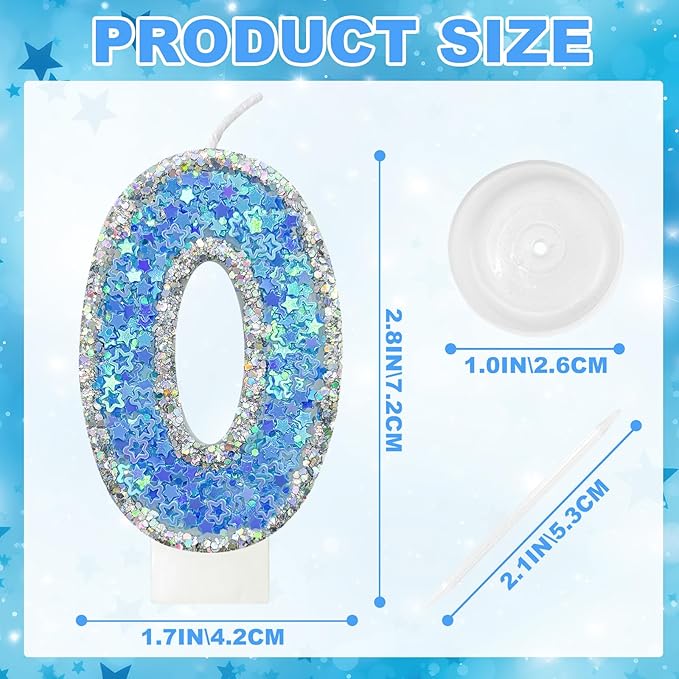 Blue Star Number 0 Candle for Cake Decoration, Glitter Star Cake Topper, Shaker Style Number Candle for Anniversary Celebration Party Supplies