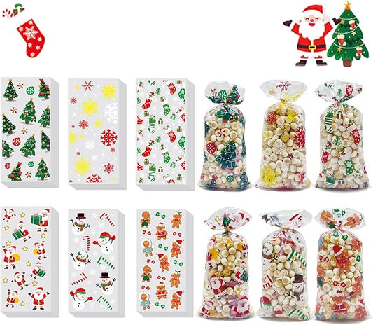 EatnMgan 180Pcs Christmas Cellophane Treat Bags,Santa Claus Goodie Candy,Cellophane Bags,Xmas Party Favors Bags Cellophane Candy bags with 200Pcs Twist Ties for Christmas Party Supplies