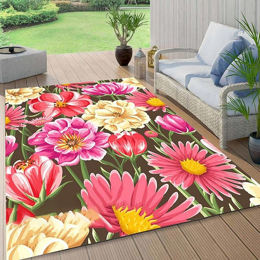 Vibrant Floral Outdoor Rug Modern Flower Texture Rugs for Patio Deck Porch Balcony Waterproof Non Slip Camping Garden Large Outside Carpet Easy Clean Machine Washable Pool Mat Pink 7x10