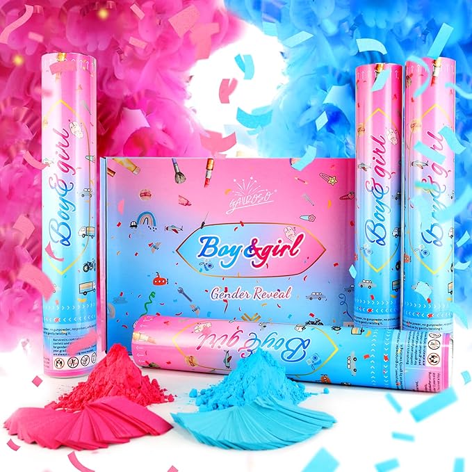 Gender Reveal Confetti Cannon,2 Blue 2 Pink Safty Corn Powder Smoke Party Poppers Shoots 20-25ft,12 inch Upgrade Firmware Baby Shower Gender Reveal Party Supplies