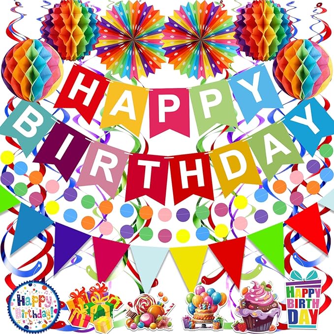 Pre-Strung Colorful Happy Birthday Banner Paper Triangle Flag Bunting Circle Confetti Dots Hanging Garland And Honeycomb Ball Swirl Streamers for Birthday Baby Shower Party Decoration