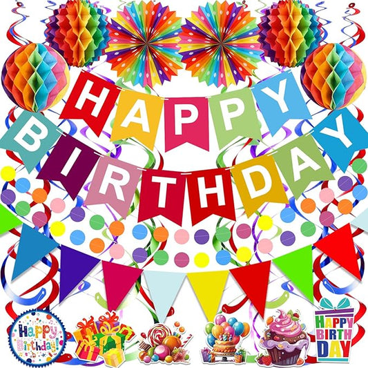 Pre-Strung Colorful Happy Birthday Banner Paper Triangle Flag Bunting Circle Confetti Dots Hanging Garland And Honeycomb Ball Swirl Streamers for Birthday Baby Shower Party Decoration