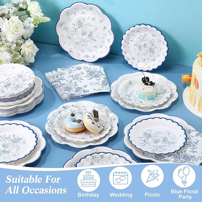 144 Pcs 48 Guests Blue Floral Party Plates and Napkins White and Blue Toile Paper Plates Napkins Chinoiserie Disposable Tableware for Baby Bridal Shower Wedding Birthday Tea Party Supplies