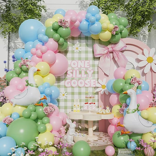 Goose Party Decorations 140pcs Sage Green Pastel Macoron Pink Blue Yellow Balloons with Goose Foil Balloons for Spring Baby Shower Gender Reveal One Silly Goose Birthday Party Supplies