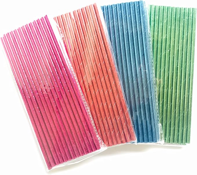 100 pcs Mixed Biodegradable Colorful Party Paper Straws, Colored Pure Plain Hot Pink Blue Red Green Foil Rainbow Drinking Straws Bulk, Holiday Birthday Wedding Cake Pop Sticks (Solid Metallic)