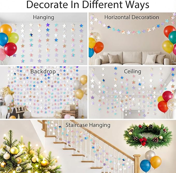 Iridescent-Star-Garland 90FT – 240 Pcs Sparkling Star Streamers-Hanging Glitter Star Banner Backdrop for Birthday, Baby Shower, Wedding, Christmas Party Decorations (6 Packs)
