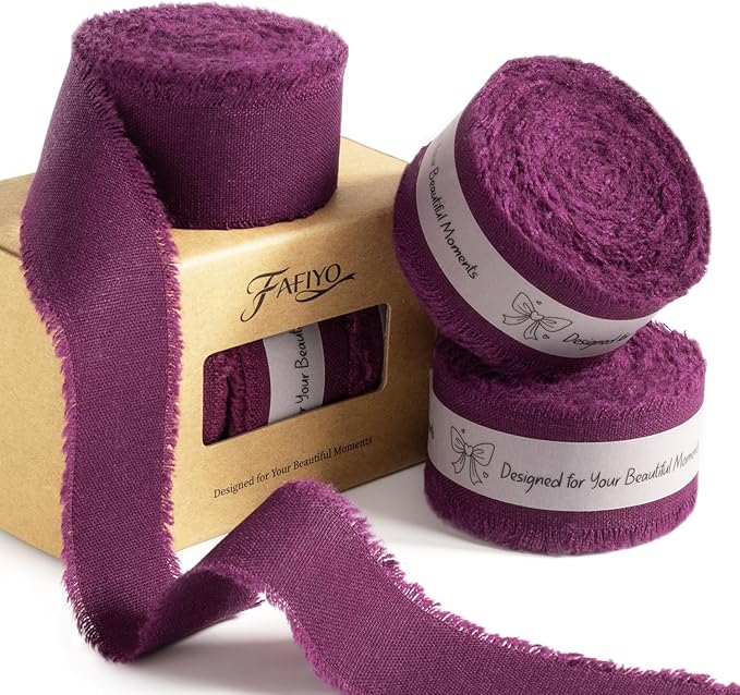 Grape Wine Cotton Ribbon 1 Inch Grape Wine 3 Rolls 21 Yards Frayed Edge Fabric Set for Wedding Decor, Anniversary Celebration, Bridal Bouquet Wrap, Gift Wrapping & Fall Wedding