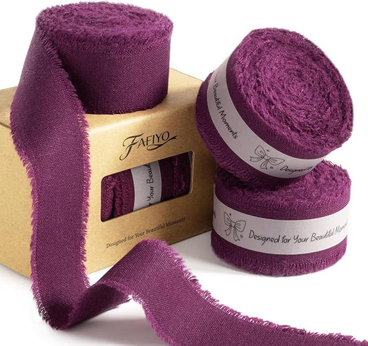 Grape Wine Cotton Ribbon 1 Inch Grape Wine 3 Rolls 21 Yards Frayed Edge Fabric Set for Wedding Decor, Anniversary Celebration, Bridal Bouquet Wrap, Gift Wrapping & Fall Wedding