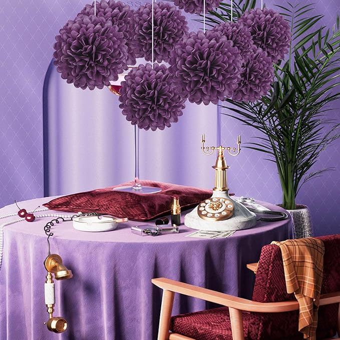 20 PCS Purple Tissue Paper Pom Poms, Tissue Pom Poms Flowers, Sizes of 6", 10", 12", 14" Hanging Paper Flower Ball for Wedding, Birthday, Halloween, Christmas, Baby Shower Party Decor