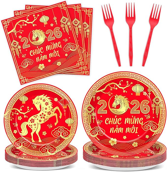 96Pcs Vietnamese New Year Party Decorations Vietnamese Horse Themed New Year Plates and Napkins 2026 Red Gold Horse Tableware Dinnerware Party Supplies for Spring Festival Lunar Decor Serves 24 Guests