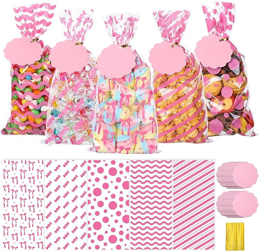 woric 100 Set Pink Cellophane Bags 5 x 10.6 Inch Plastic Mother's Day Treat Bags Gift Candy Bag with 100 Gift Tags and Twist Ties for Pink Bow Birthday Weddings Baby Shower Decorations