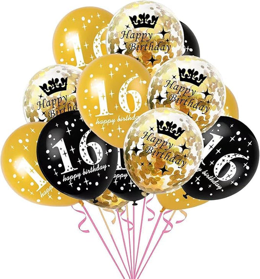 SHUNTAI 16th Birthday Decorations Black and Gold Sweet 16 Birthday Balloons Latex Gold Confetti Balloon 16 Years Old Theme Happy Birthday Party Supplies 12 Inch 15 Pack