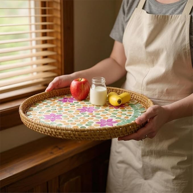 Round Rattan Tray with Mother of Pearl Inlay, Handwoven Wicker Coffee Table Serving Basket Tray for Fruit Snack Party Picnic Cafe Bedroom Kitchen Home Decor Set of 2 (Purple Blossom Dot)