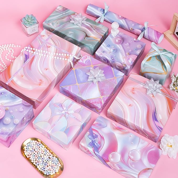 Larcenciel Holographic Gift Wrapping Paper, Iridescent Mermaid Scale Pattern, Pearl Finish, 6 Sheets with 6 Gift Bows –Pink & Purple Birthday Wrapping Paper for Girls Baby Shower Holiday All Occasions