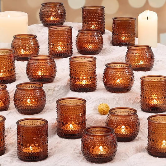 32 Pcs Amber Votive Candle Holders- Vintage Candle Holder for Rustic/Boho Wedding Table centerpieces, Bridal Shower, Baby Shower Decoration