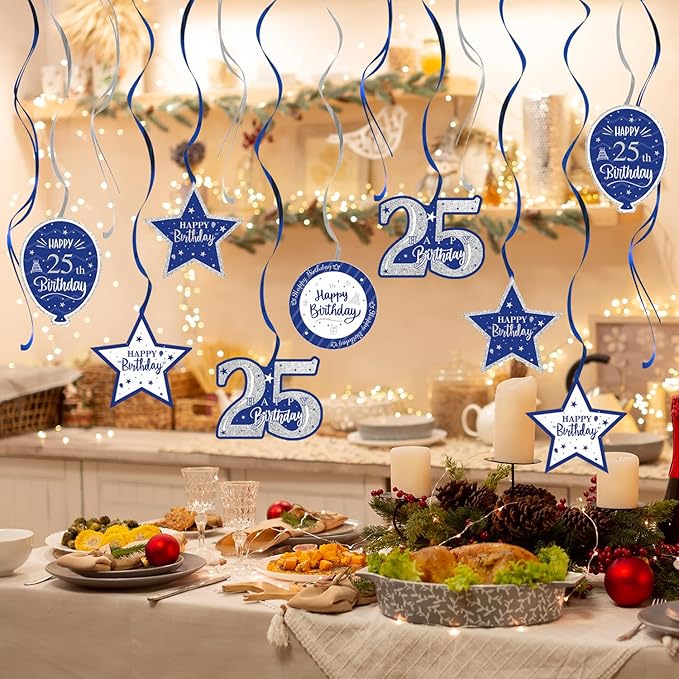 Happy 25th Birthday Blue & Silver Glitter Swirls Streamers Party Decorations - 15 Pcs 25th Birthday Hanging Swirls Streamers Kit,Perfect for 25th Bday Party Sign.